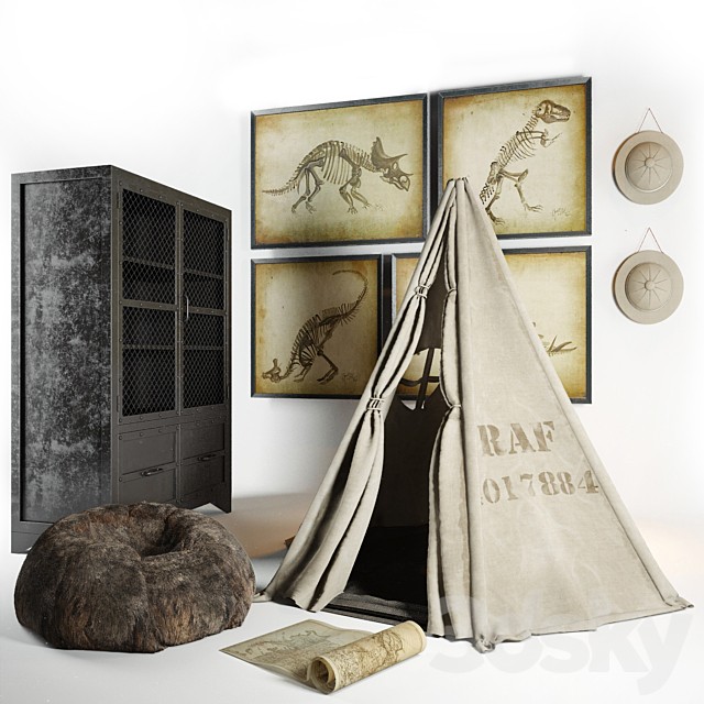 Restoration hardware Wigwam, cupboard, hat, ottoman, paintings