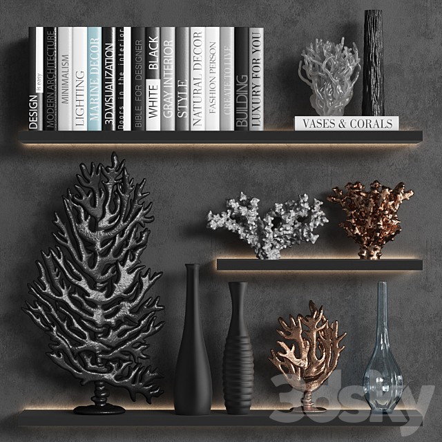 Decorative set of coral books and vases