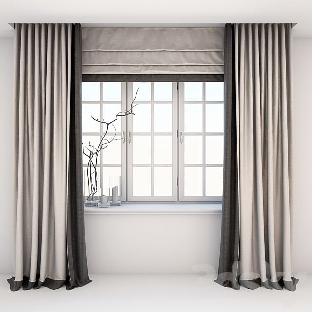 Direct two-color curtains in the floor and Roman curtains in a modern style with a window