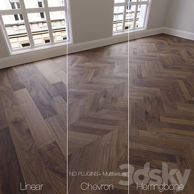 Parquet natural, American walnut, 3 kinds. Linear, chevron, herringbone.