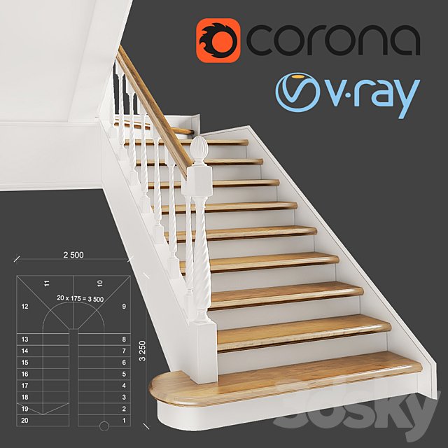 Classic two-march staircase with staggered steps