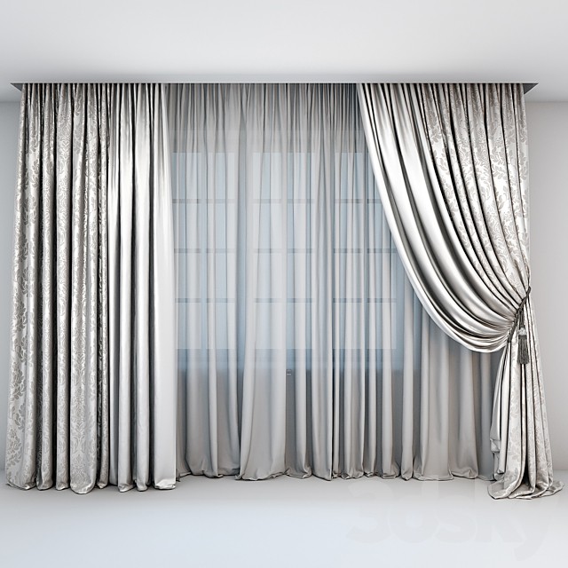 Curtains and tulle in the floor straight and with a pick-brush in a classic style