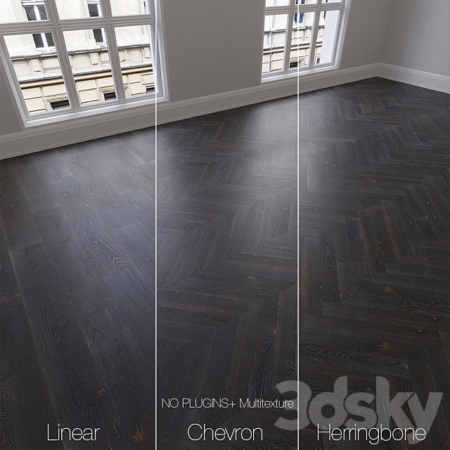 Parquet natural, oak Night, 3 types. Linear, chevron, herringbone.