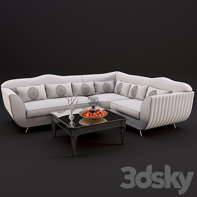 Corner sofa Keoma salotti neoclassico, coffee table Horchow Amelie Mirrored