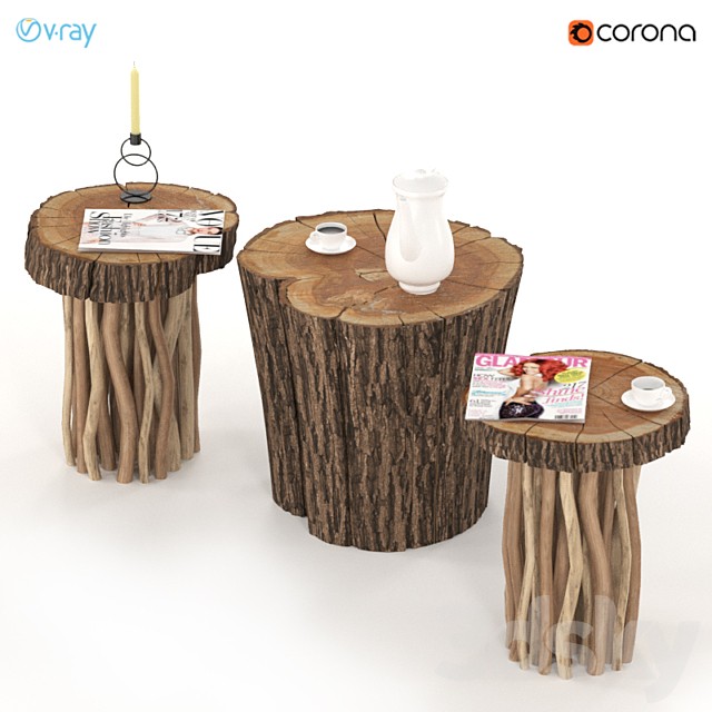 Coffee tables made of stump and slab on wooden legs.