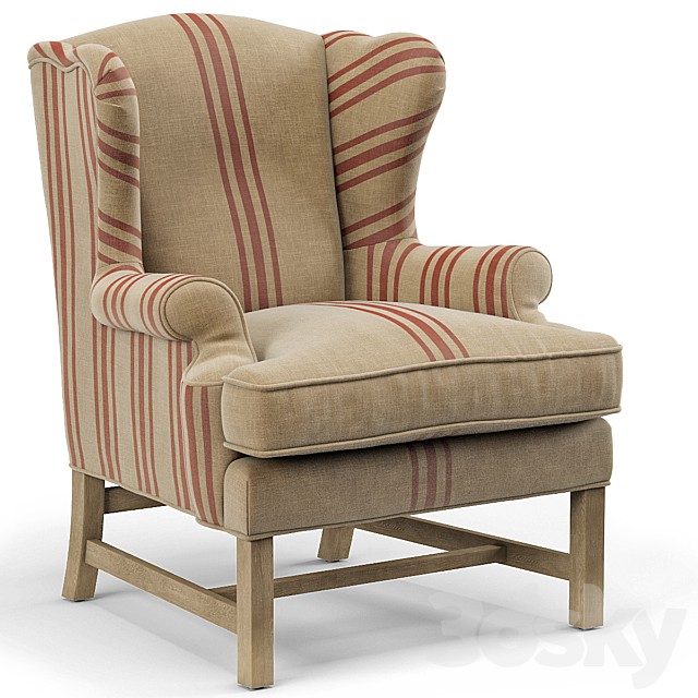 Khaki Linen English Club Chair with Red Stripe