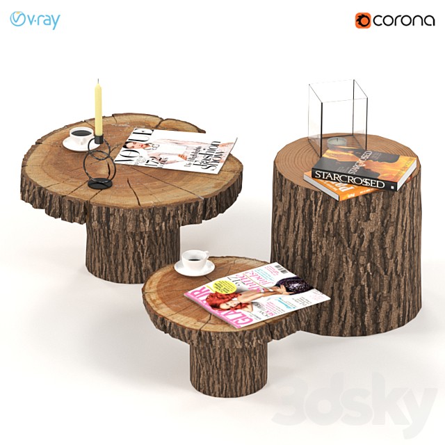 A set of coffee tables from slabs and stumps.