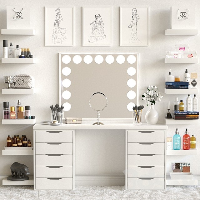 Dressing table and shelves with cosmetics. Makeup 3