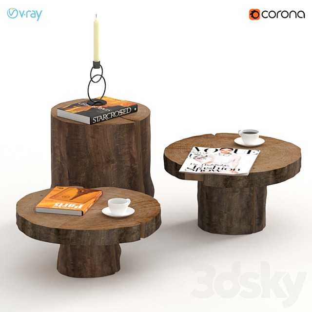 A set of dark tables of stumps and slabs.