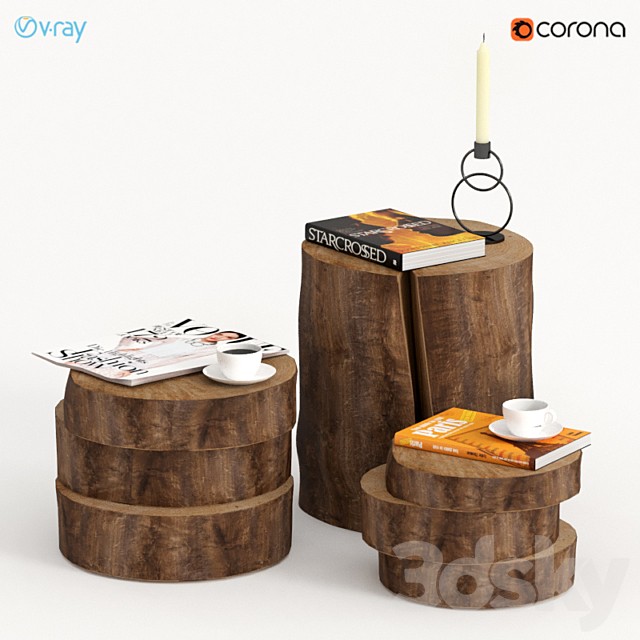 Collection of dark tables of stumps and slabs.