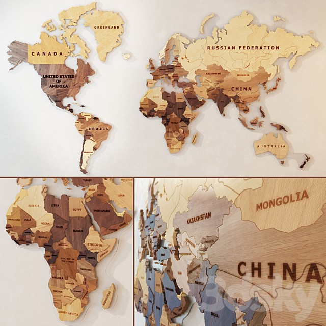 A world map made of wood.