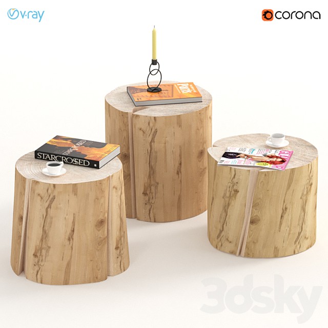 3 coffee tables of stumps with decor.