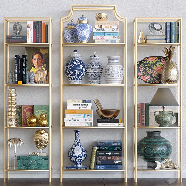Golden rack with decor for the apartment, figurines and a lamp