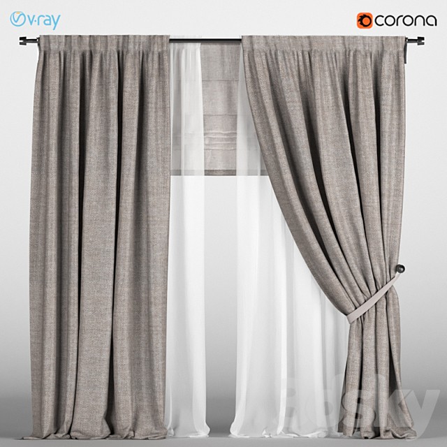 Light brown curtains with pickup + white tulle + Roman curtain.
