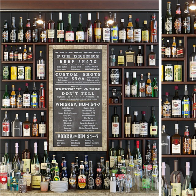 Showcase in the bar with a collection of strong alcohol and cocktails. Alcohol