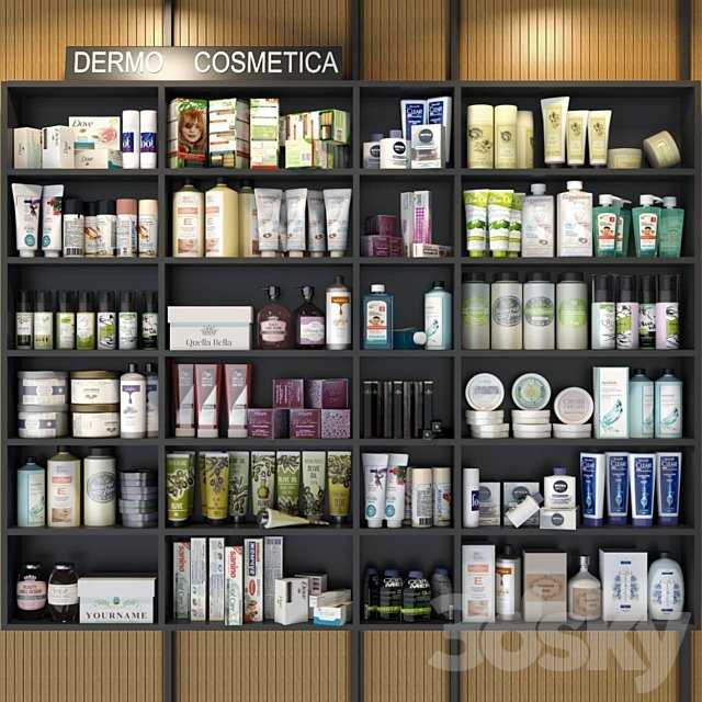 Cabinet with cosmetics for beauty salons or bathroom accessories. Make up