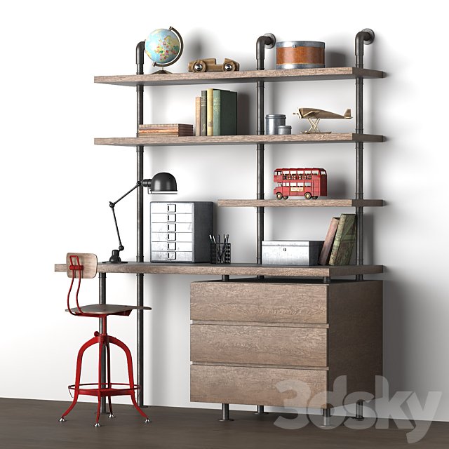 INDUSTRIAL PIPE SINGLE DESK & SHELVING WITH DRAWERS