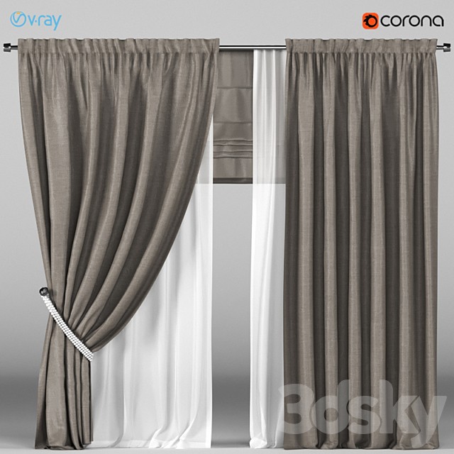 Brown curtains in the background with white tulle + Roman blinds
