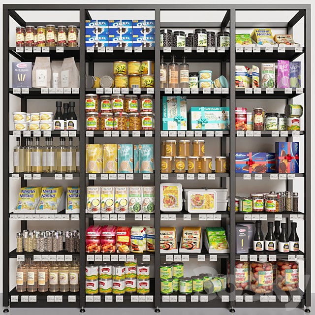 Showcase with conservation and groceries in a supermarket or pantry. Food