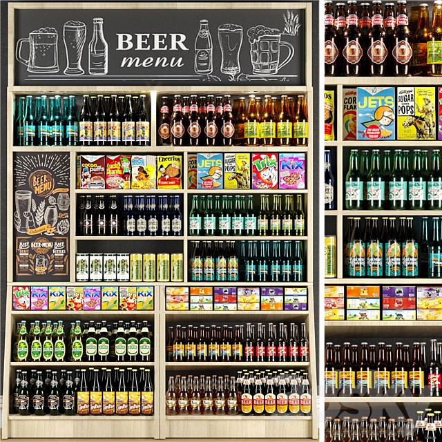 Large shelf in the supermarket with beer and cider