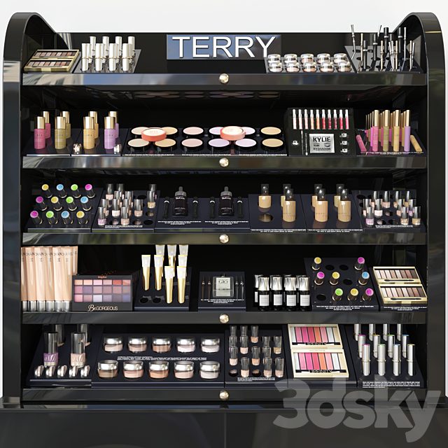 Rack with a set of professional cosmetics in a beauty salon. Make up