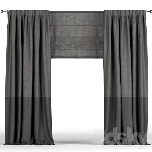 Black curtains in two shades + black Roman blinds.
