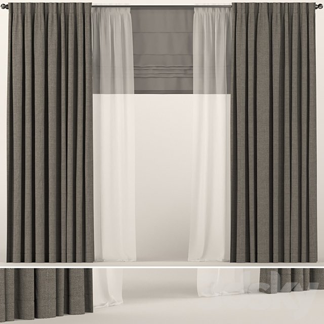 Brown curtains with tulle and roman blinds.