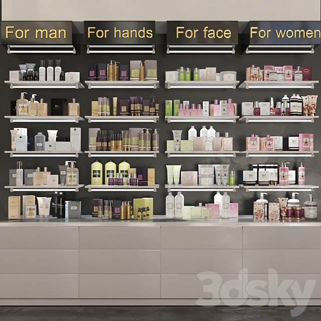 Showcase in pharmacies cosmetics for care. Beauty saloon