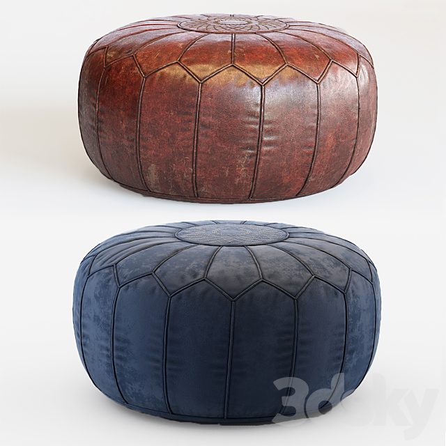 Vintage Round Moroccan Chocolate Brown Leather Pouf Hand Tooled In Marrakech