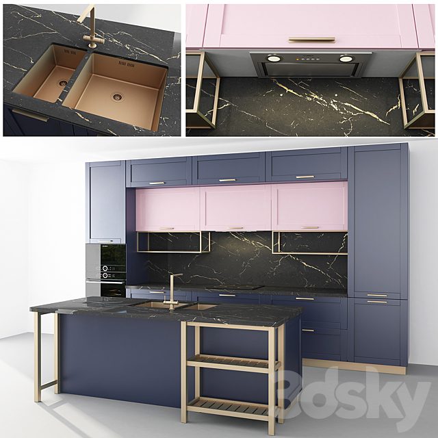 Blue kitchen with an island
