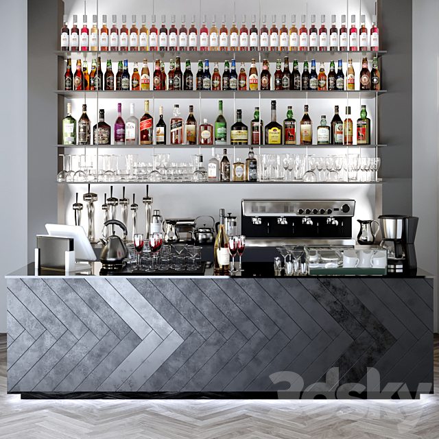 Bar counter with a collection of alcohol. Alcohol, bar