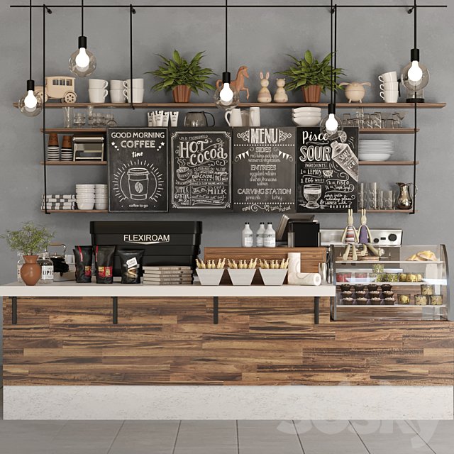 Design project of a coffee point with desserts, sweets and a coffee machine. coffee house