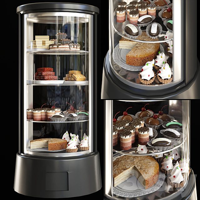 Refrigerator with desserts and sweets for shops or cafes. Confectionery
