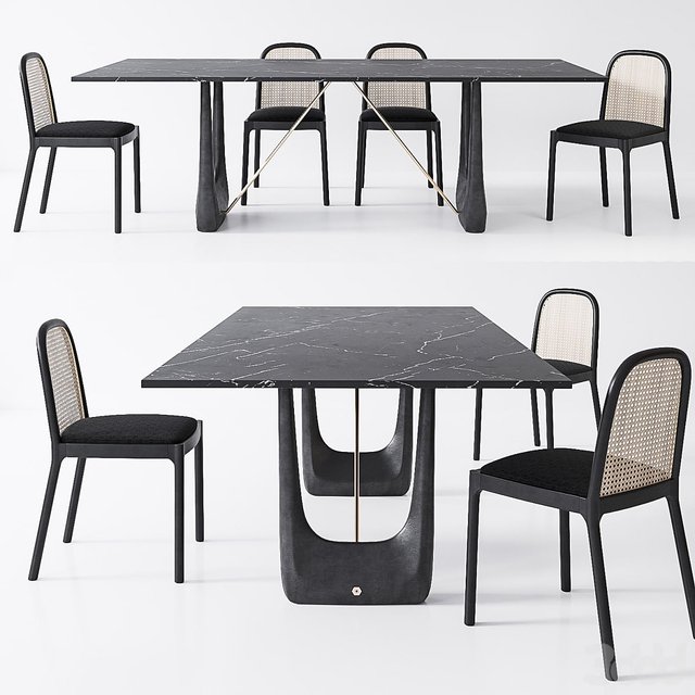 CB2 Nadia Cane chair, Rocco Rectangular marble dining table