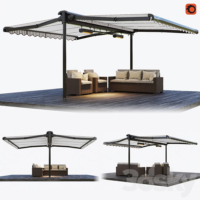 Double-sided cassette tent with rattan garden furniture