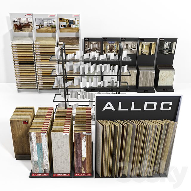 Exhibition stands with samples of laminate, porcelain tile, stucco molding