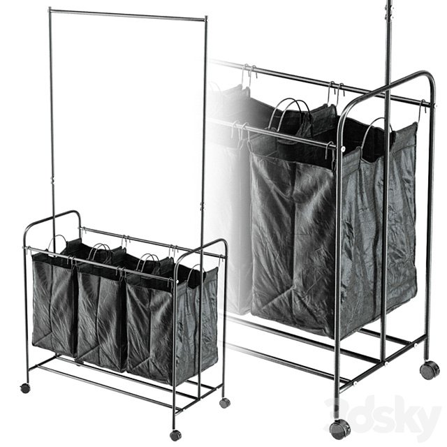 Black 3 Bag Heavy Duty Divided Laundry Hamper Sorter Cart with Wheels and Hanging Bar