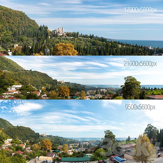 3 Panoramas. Black Sea, Abkhazia. New Athos