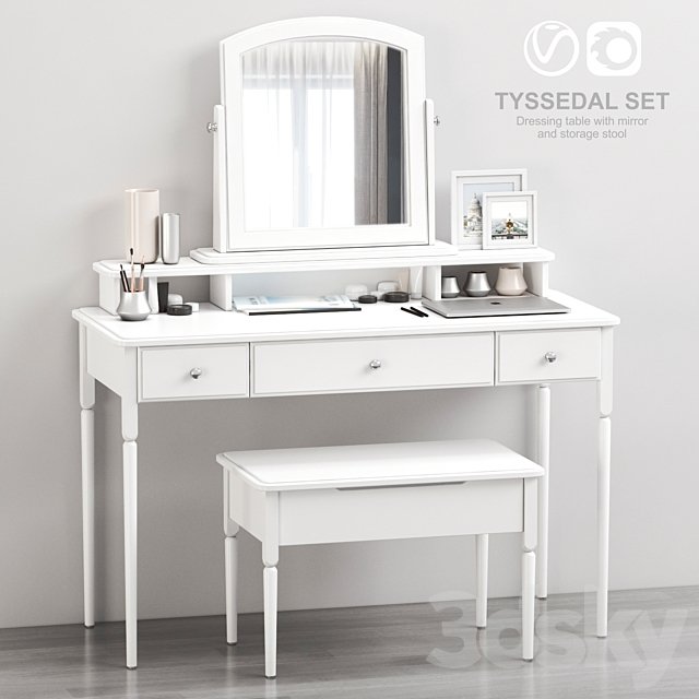 IKEA TYSSEDAL Dressing table with mirror and storage stool, white