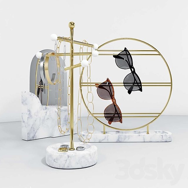 A set of stands for jewelry and glasses with a mirror.