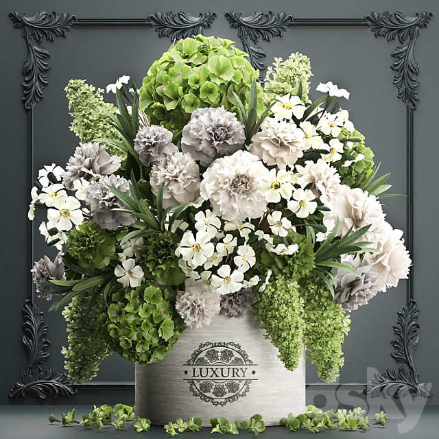 A beautiful lush modern bouquet of white green flowers in a luxury vase with a molded frame, hydrangea, lilac, peonies, oleander. Set 90.
