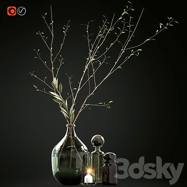 Decorative set with branches and glass bottles