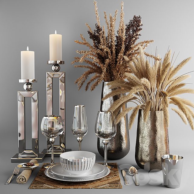 Decorative set with dishes and bouquets of dry grass