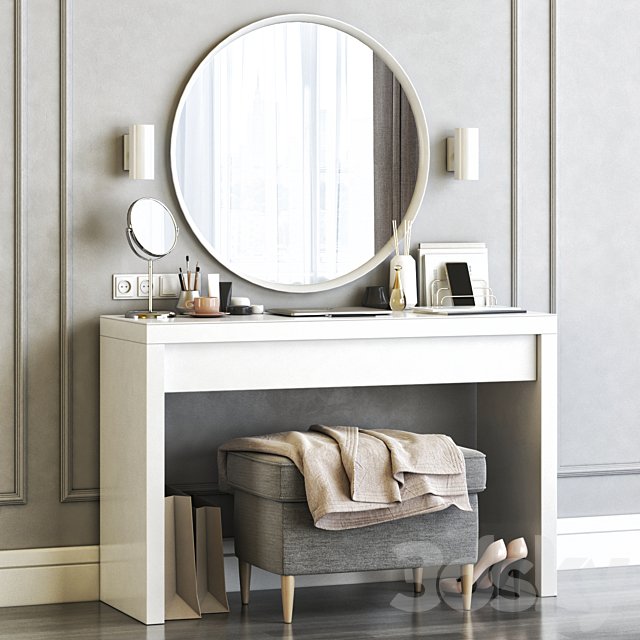 Ikea Malm Dressing Table with Langesund Round Mirror and Strandmon Gray Ottoman