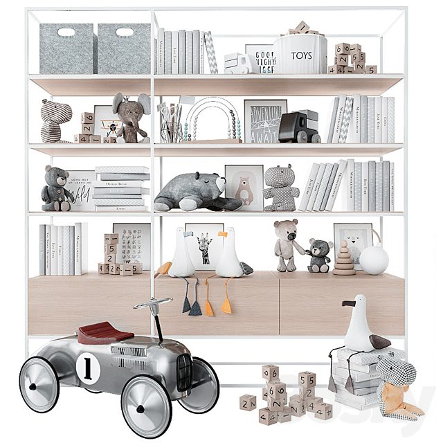 Bookcase with toys and books.