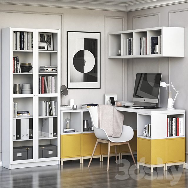 IKEA corner workplace with EKET storages and BILLY OXBERG bookcase