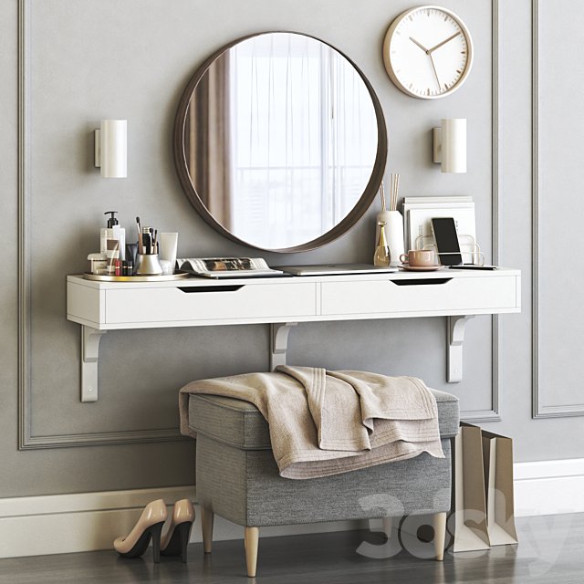 IKEA ALEX dressing table with STRANDMON ottoman and STOCKHOLM round mirror