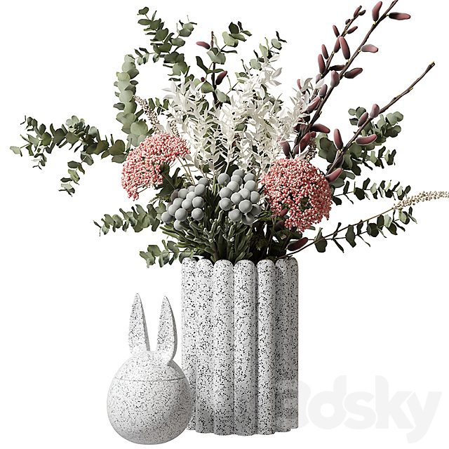 Bouquet with eucalyptus and flowers in a white vase