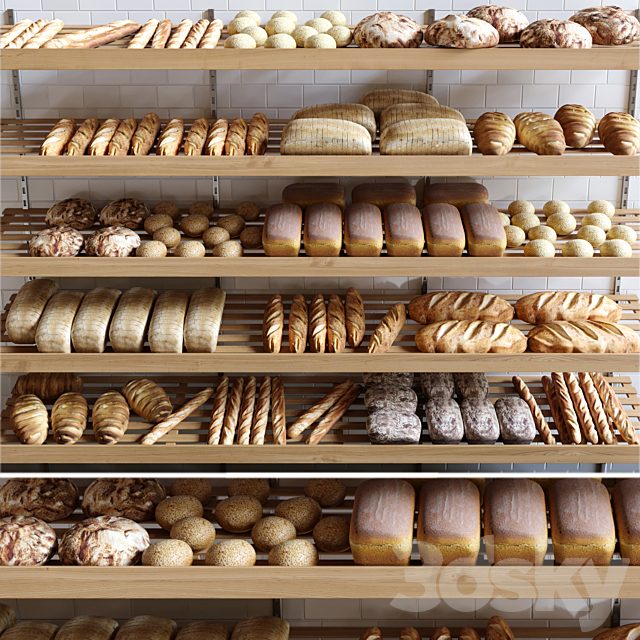 Rack with pastries in a bakery with bread, loaf and buns.
