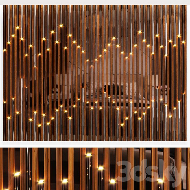 Wall panel made of wood planks, cognac mirror and polished pipes